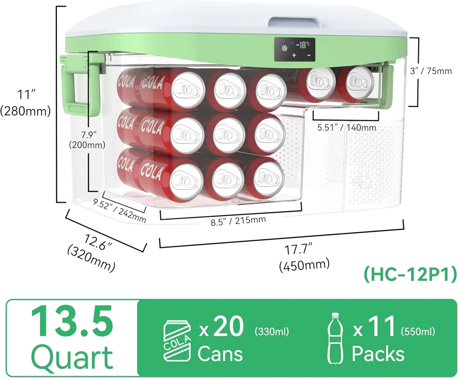 12 Volt Refrigerator Portable Car Freezer 13.5 Quart (12.8 Liter) Compressor Cooler 12V/24V DC 110～240 Volt AC for Truck Van RV Camper SUV Boat Travel Camping Road Trips Tailgating -18℃~ 15℃
