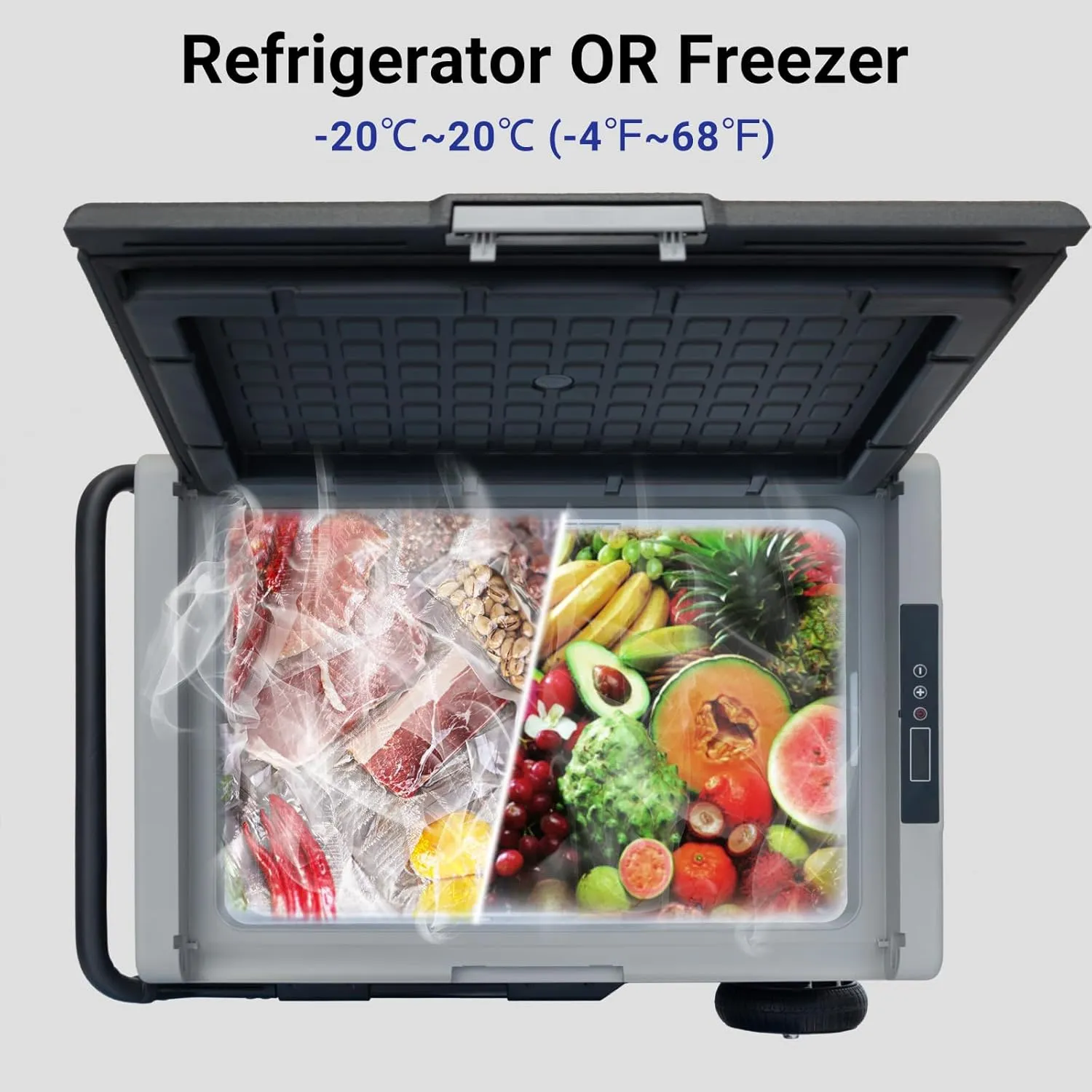 12Volt Car Refrigerator, 50L Portable Freezer/Fridge, DC 12V/24V Camping Cooler with wheels, -4℉~68℉, Basket, Compact Refrigerator for Outdoor, RV, Boat, Travel, Multi-directional Lid, Black