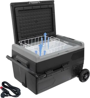 12Volt Car Refrigerator, 50L Portable Freezer/Fridge, DC 12V/24V Camping Cooler with wheels, -4℉~68℉, Basket, Compact Refrigerator for Outdoor, RV, Boat, Travel, Multi-directional Lid, Black