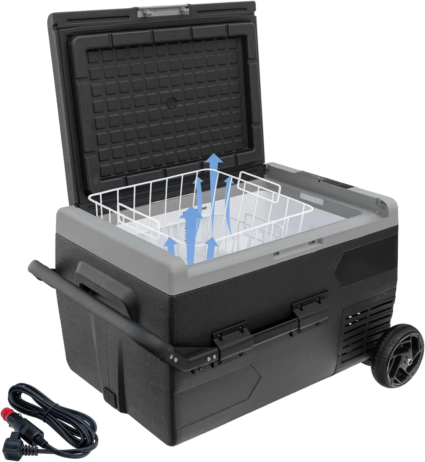 12Volt Car Refrigerator, 50L Portable Freezer/Fridge, DC 12V/24V Camping Cooler with wheels, -4℉~68℉, Basket, Compact Refrigerator for Outdoor, RV, Boat, Travel, Multi-directional Lid, Black