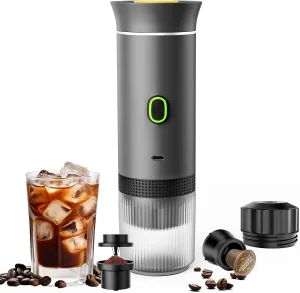 3-in-1 Expresso Portable Machine, Mini Coffee Maker for Travel, Self-Heating Car Coffee Maker with USB-C, Small Espresso Machine with Ground Coffee & Capsules (NS＆DG) for RV, Hiking, Office (grey)
