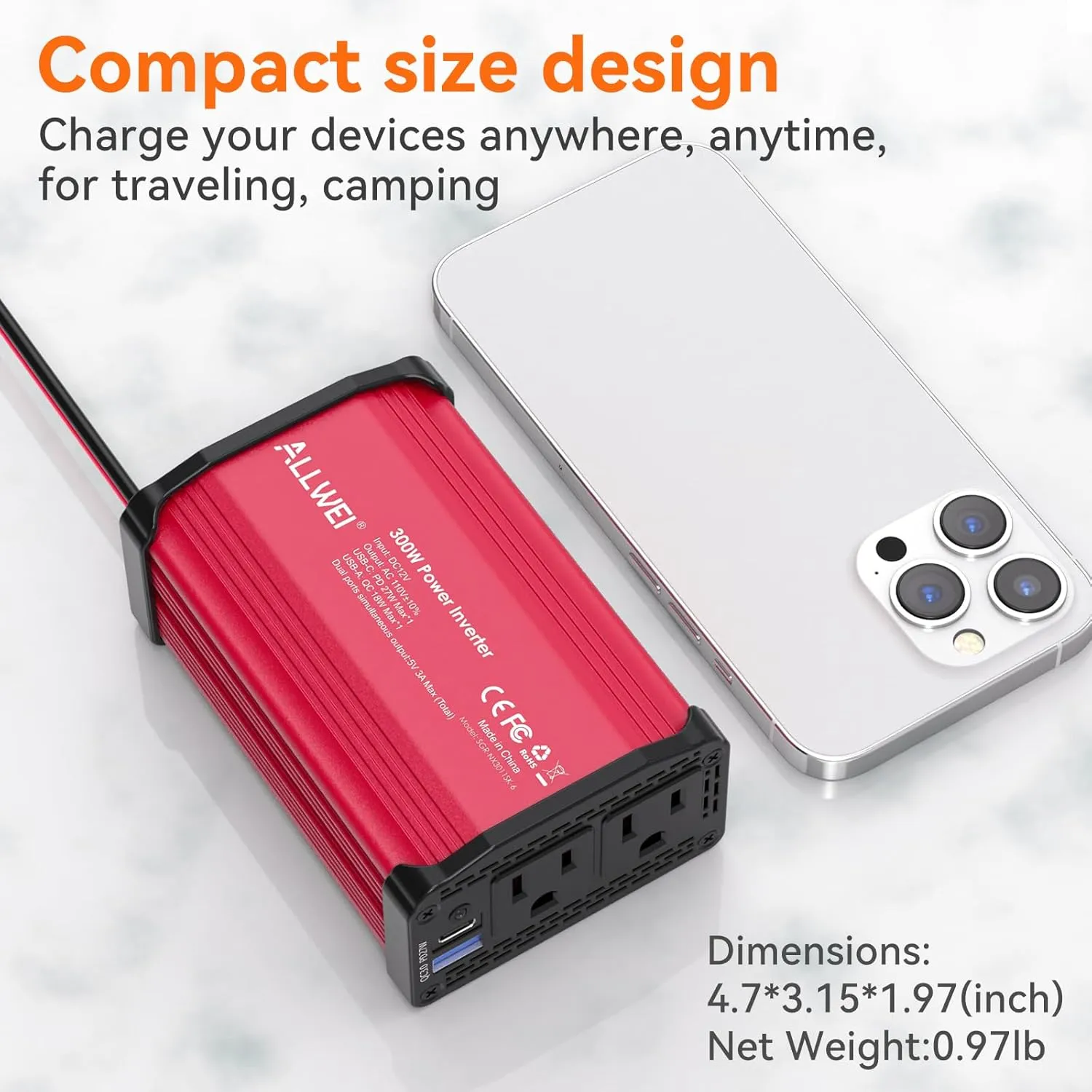 300W Car Power Inverter 12v to 110v, Car Plug in Adapter Outlet with PD 27w USB-C and Fast Charger 18w USB-A, Car Outlet Adapter, Car Converter to Outlet Plug, Power Inverters for Vehicles (Red)