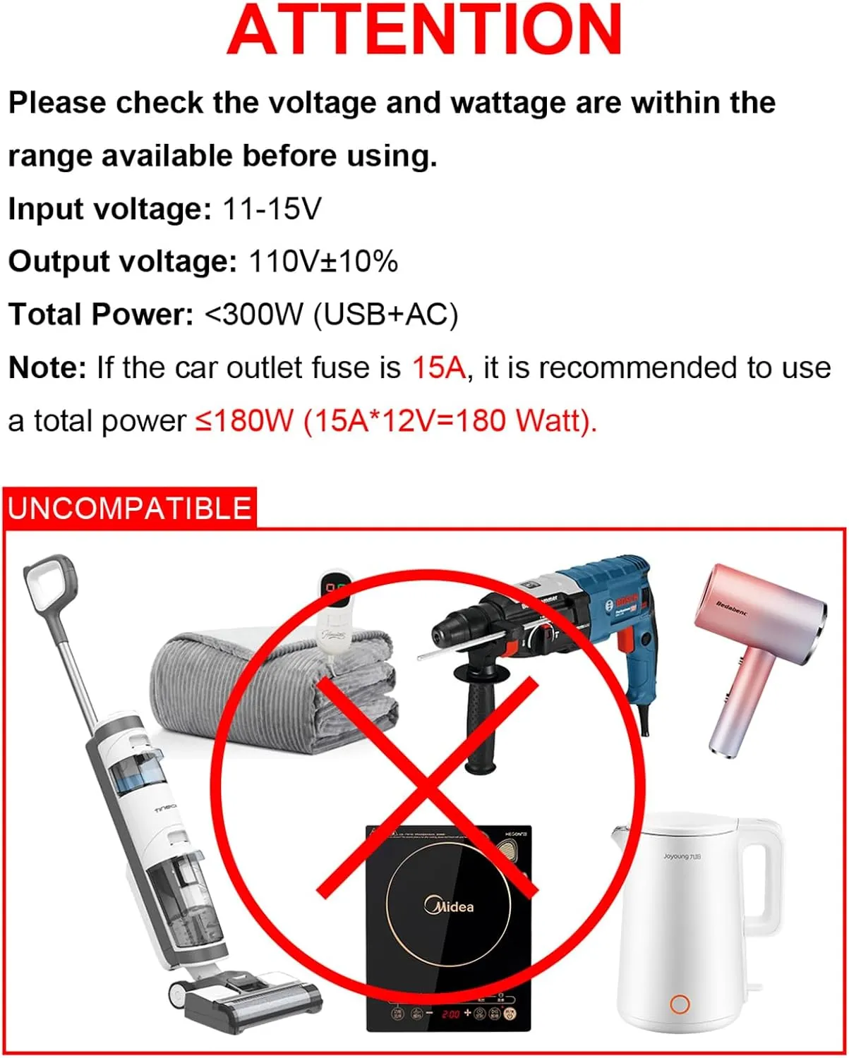 300W Car Power Inverter - YSOLX Dual DC 12V to 110V AC Car Outlet Adapter to Wall Plug, 24W Fast Charging USB-C&USB-A, Portable ​Charger Converter with for Laptops, Phones