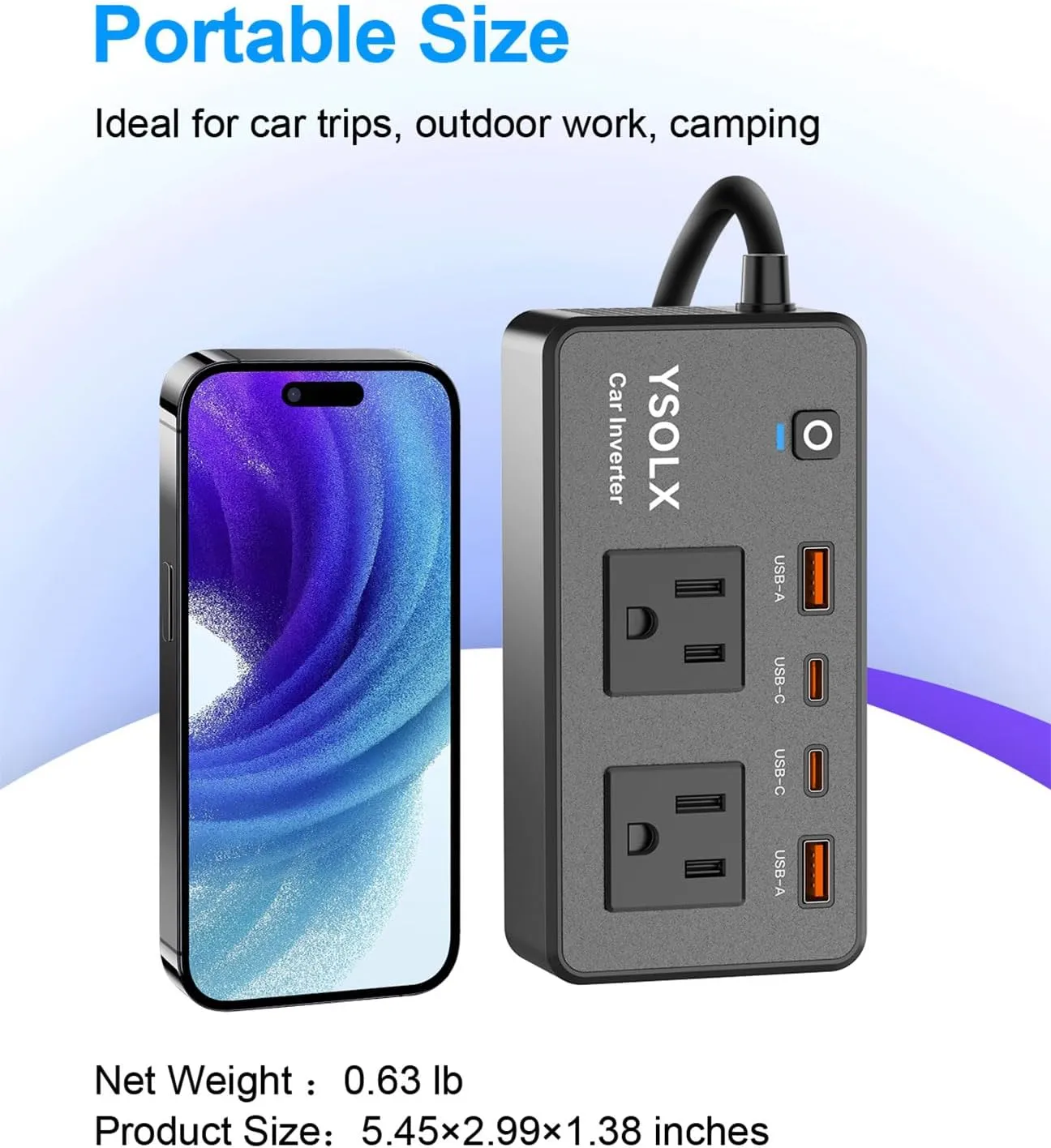 300W Car Power Inverter - YSOLX Dual DC 12V to 110V AC Car Outlet Adapter to Wall Plug, 24W Fast Charging USB-C&USB-A, Portable ​Charger Converter with for Laptops, Phones