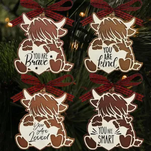 4Pcs Highland Cow Wooden Ornament Gifts for Cow Lover, Cute Farm Home Ornament for Animal Lover, You are Loved Brave Smart Kind Inspirational Motivational Gifts for Women Kids