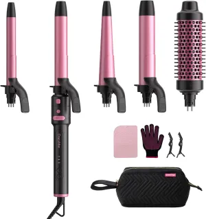 5-in-1 Rotating Curling Iron Set,Automatic Interchangeable Hair Curler with 5 Ceramic Barrels (3/4,1,1.25 Inch) | Fast Heating, Dual Voltage for Long-Lasting Curl Styling/Beach Wave