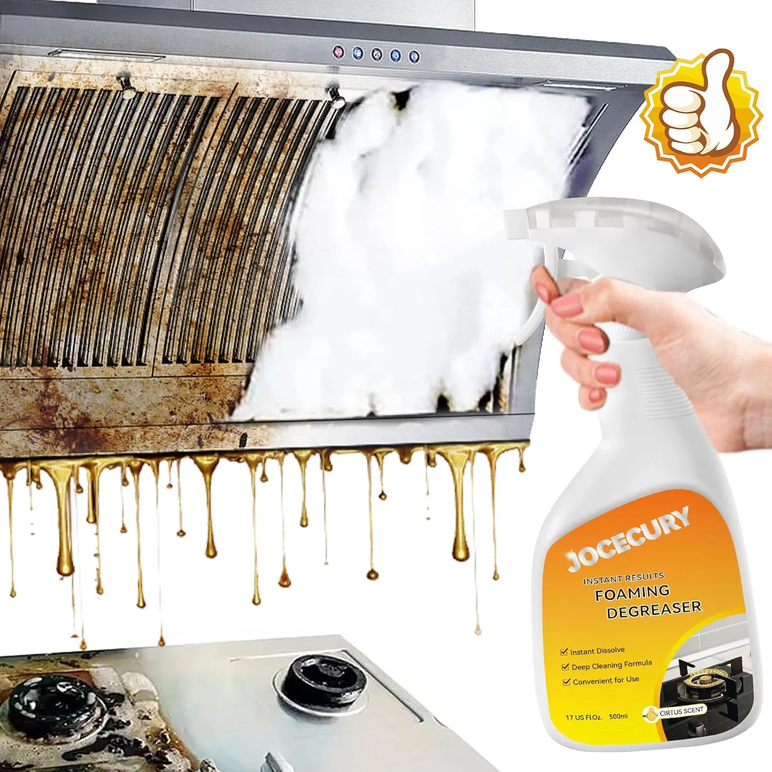 500ML Kitchen Foam Cleaner, Multipurpose Grease Cleaner Spray for Pots, Pans, Surfaces & Appliances with Dual-Spray nozzle,No-rinse Formula