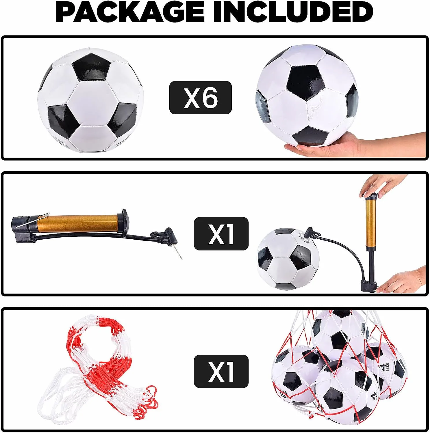 6 Pack Classic deflated Soccer Balls Size 3/4/5 with Pump and Mesh Bag for Indoor Outdoor Lawn Game Training Practice Bulk Sport Gift for Teens Adults
