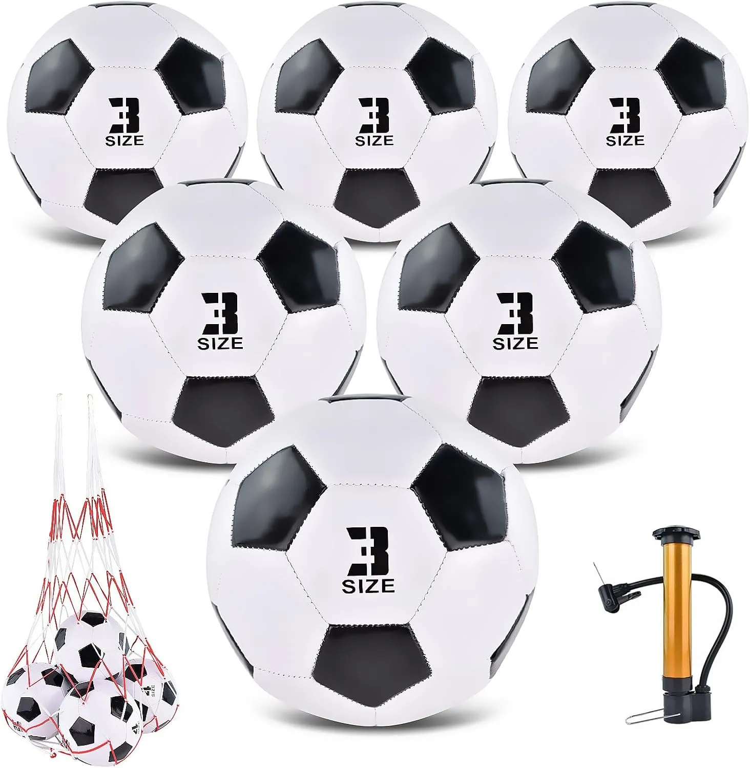 6 Pack Classic deflated Soccer Balls Size 3/4/5 with Pump and Mesh Bag for Indoor Outdoor Lawn Game Training Practice Bulk Sport Gift for Teens Adults