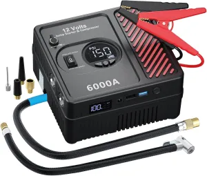 6000Amp Car Jump Starter with Air Compressor, 12V Safe Lithium Auto Battery Booster (up to 13.0 L Gas and 13.0 L Diesel Engine), 150 PSI Air Pump, Built-in 2 USB Ports and 2 LED Light