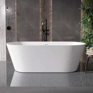 67'' Flatbottom Bathtub Solid Surface Freestanding Bathtub Matte Bathroom Soaking Bathtubs Resin Stone Oval Soak Tubs with Overflow and Pop-up Drain - White