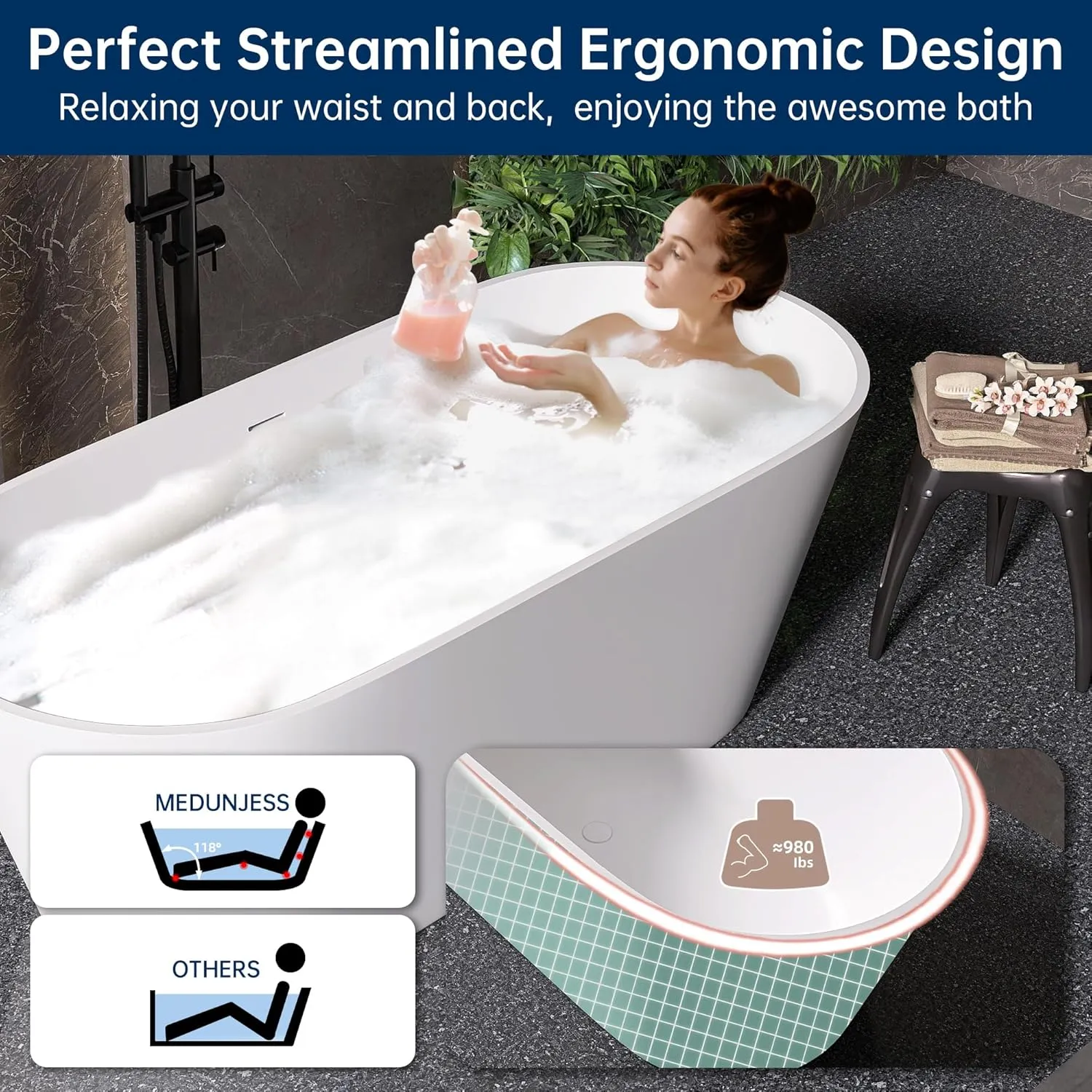 67'' Flatbottom Bathtub Solid Surface Freestanding Bathtub Matte Bathroom Soaking Bathtubs Resin Stone Oval Soak Tubs with Overflow and Pop-up Drain - White