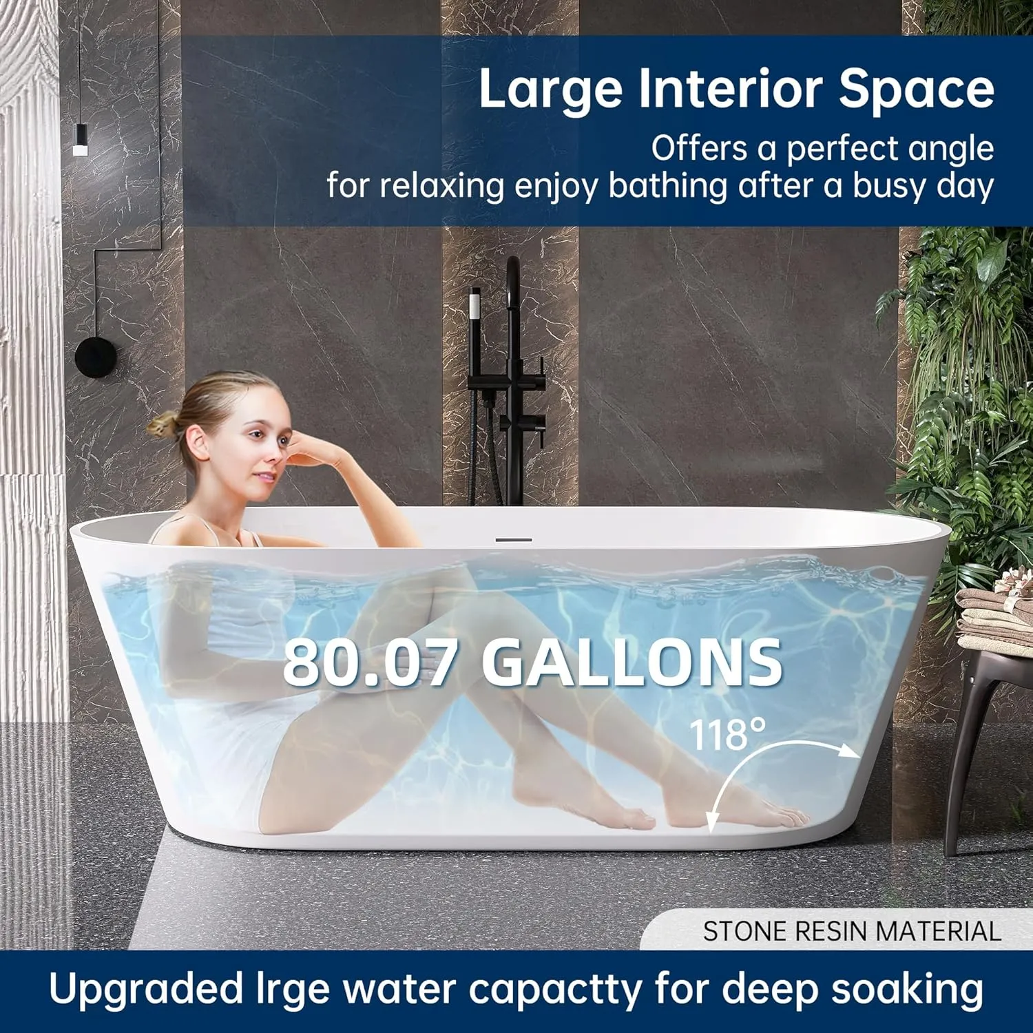 67'' Flatbottom Bathtub Solid Surface Freestanding Bathtub Matte Bathroom Soaking Bathtubs Resin Stone Oval Soak Tubs with Overflow and Pop-up Drain - White