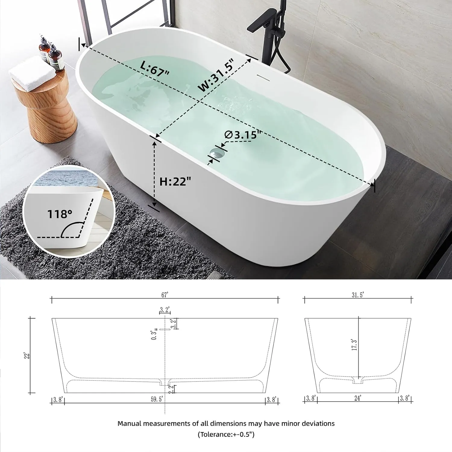 67'' Flatbottom Bathtub Solid Surface Freestanding Bathtub Matte Bathroom Soaking Bathtubs Resin Stone Oval Soak Tubs with Overflow and Pop-up Drain - White