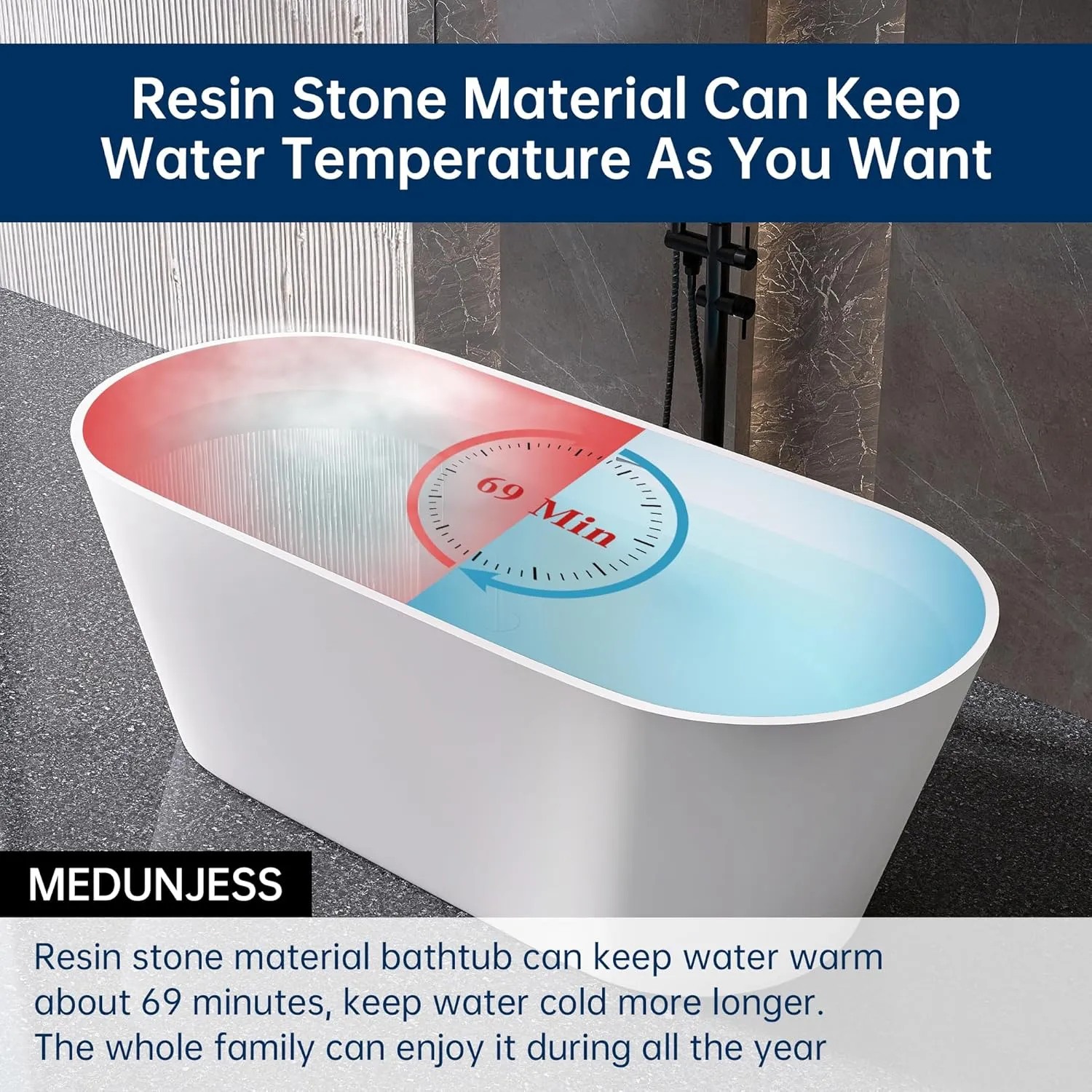 67'' Flatbottom Bathtub Solid Surface Freestanding Bathtub Matte Bathroom Soaking Bathtubs Resin Stone Oval Soak Tubs with Overflow and Pop-up Drain - White
