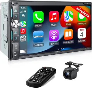 7" Double Din Car Stereo with Apple CarPlay & Android Auto | Wireless QLED Touchscreen Car Radio | Bluetooth | Backup Camera | AM/FM | 240W 4.2 CHN Audio | 2 Subwoofer Outputs