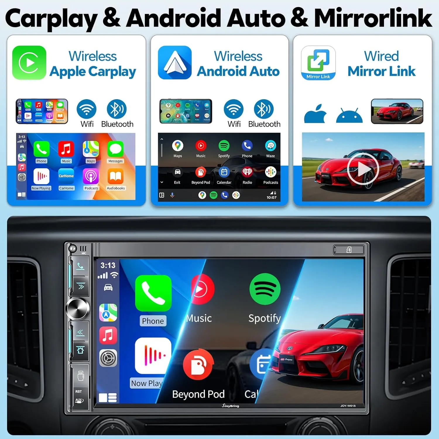 7" Double Din Car Stereo with Apple CarPlay & Android Auto | Wireless QLED Touchscreen Car Radio | Bluetooth | Backup Camera | AM/FM | 240W 4.2 CHN Audio | 2 Subwoofer Outputs