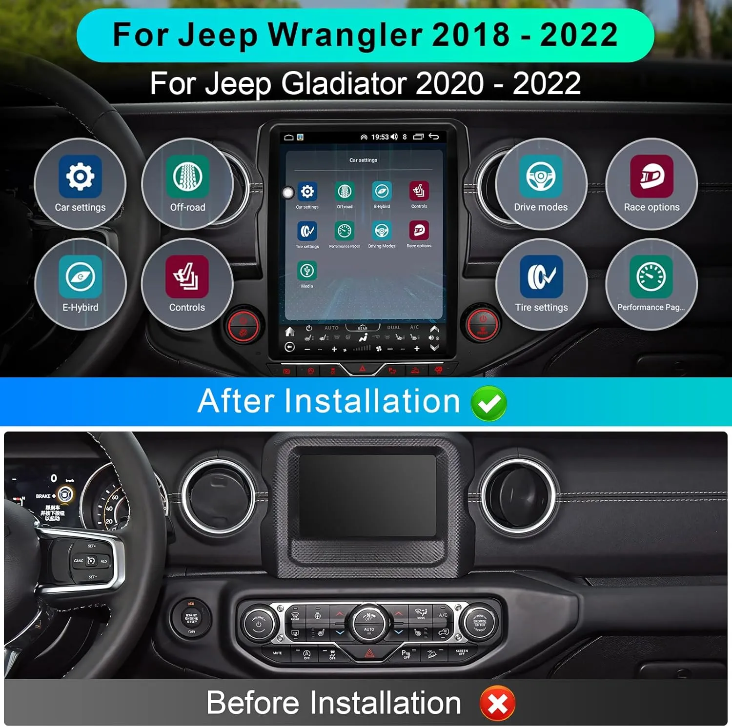 8 Cores 4 64G Radio Upgrade, Car Stereo for 2018-2023 Jeep Wrangler JL/Gladiator 2020-2022,12.1 inch Vertical Touchscreen Support Wireless CarPlay Android Auto GPS Bluetooth FM SWC