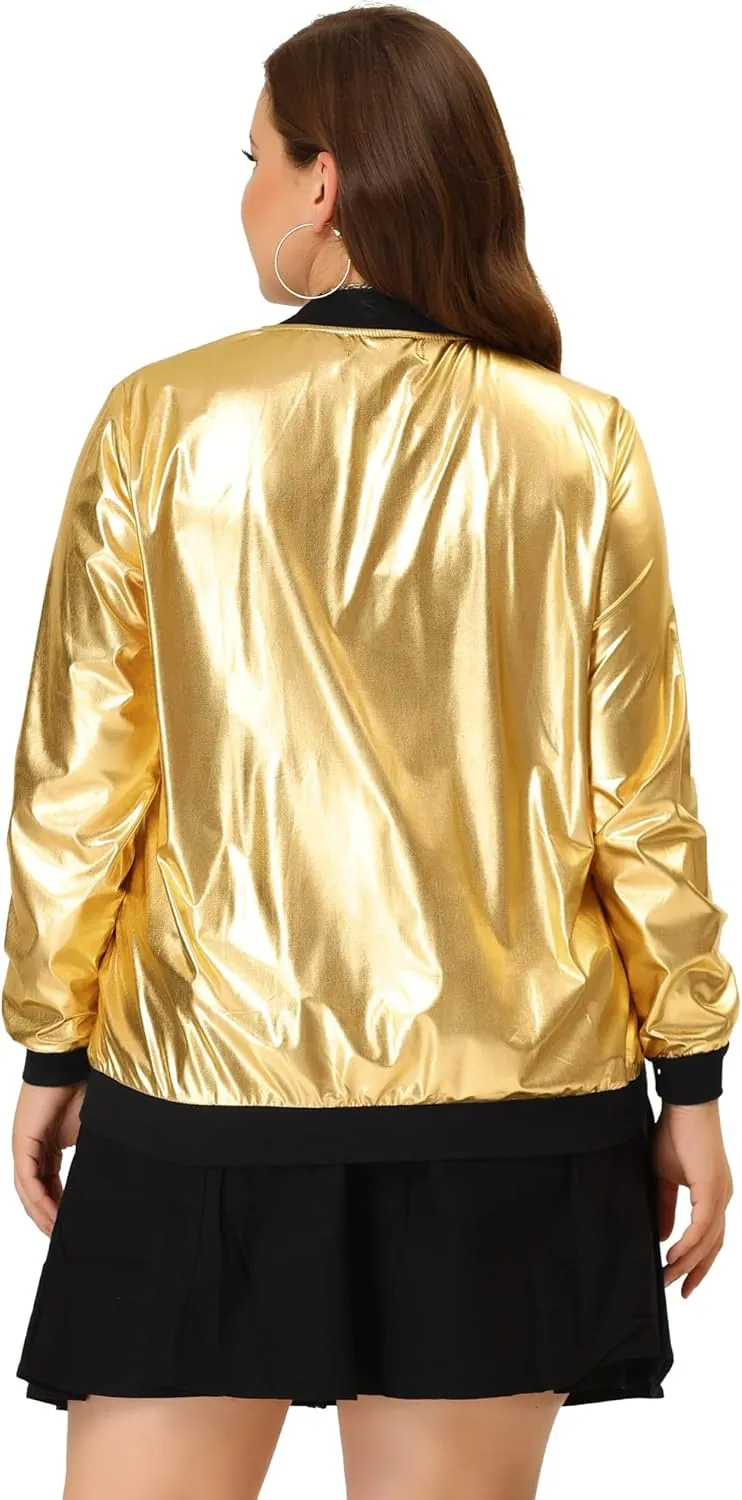 Agnes Orinda Women's Plus Size Metallic Jackets Sparkle Holographic Shiny Zip-Up with Pockets Bomber Jacket 2024