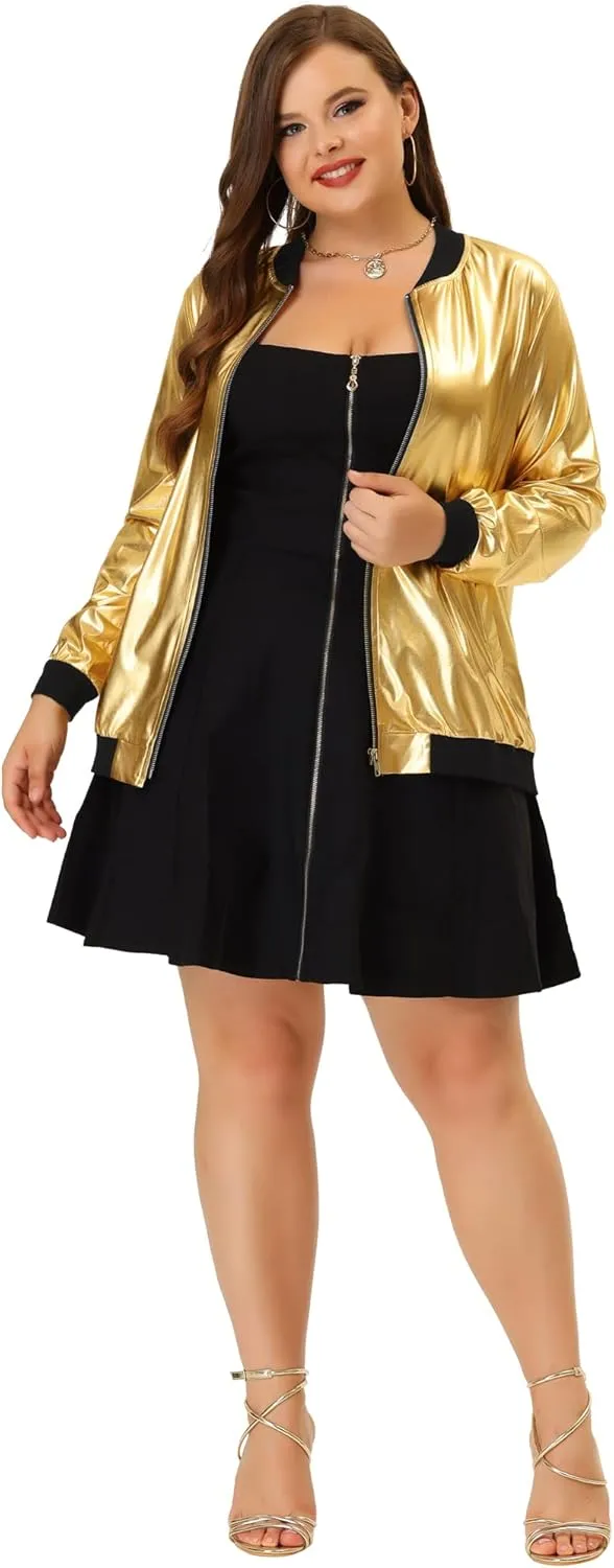 Agnes Orinda Women's Plus Size Metallic Jackets Sparkle Holographic Shiny Zip-Up with Pockets Bomber Jacket 2024