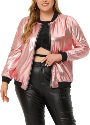 Agnes Orinda Women's Plus Size Metallic Jackets Sparkle Holographic Shiny Zip-Up with Pockets Bomber Jacket 2024