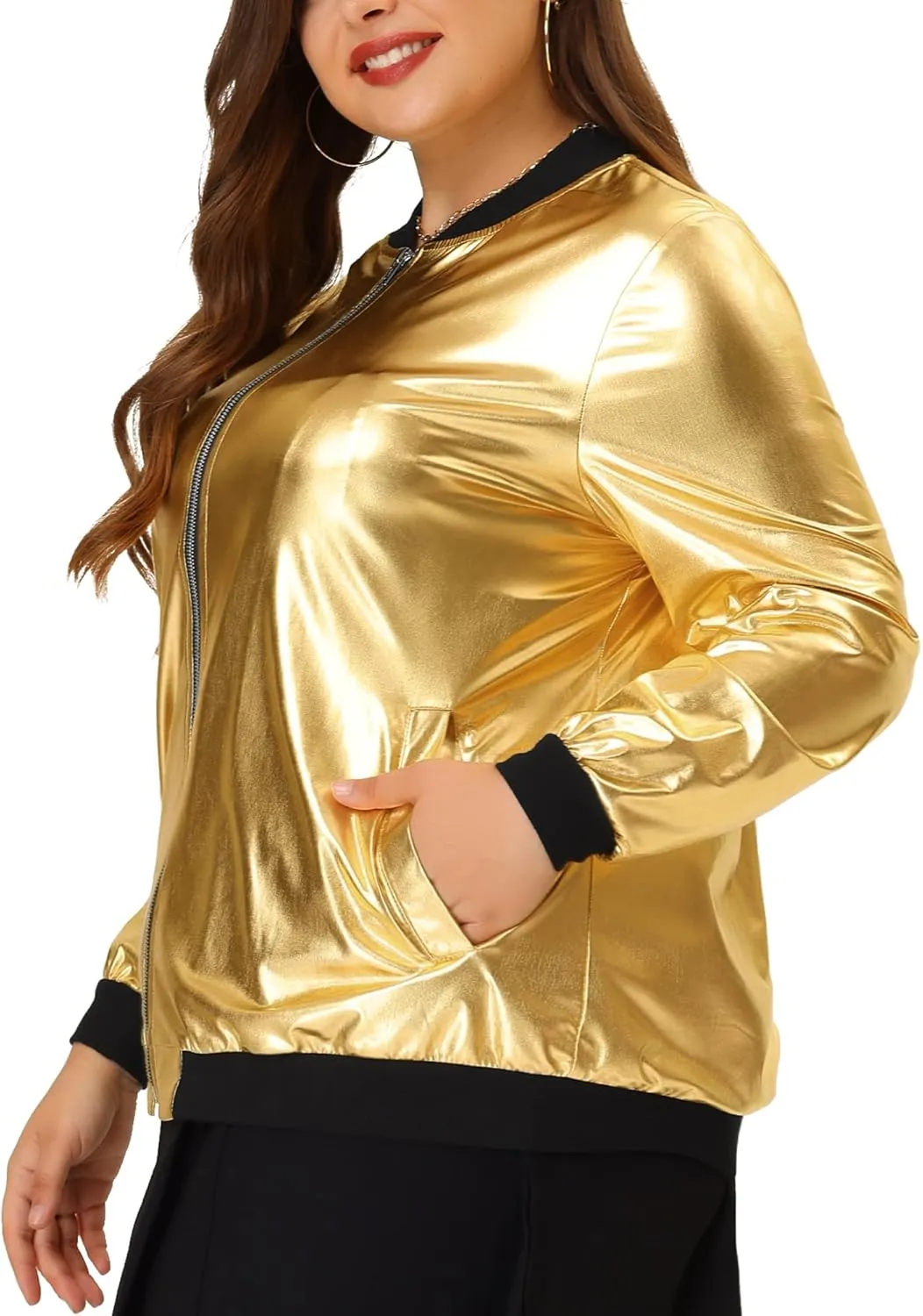 Agnes Orinda Women's Plus Size Metallic Jackets Sparkle Holographic Shiny Zip-Up with Pockets Bomber Jacket 2024