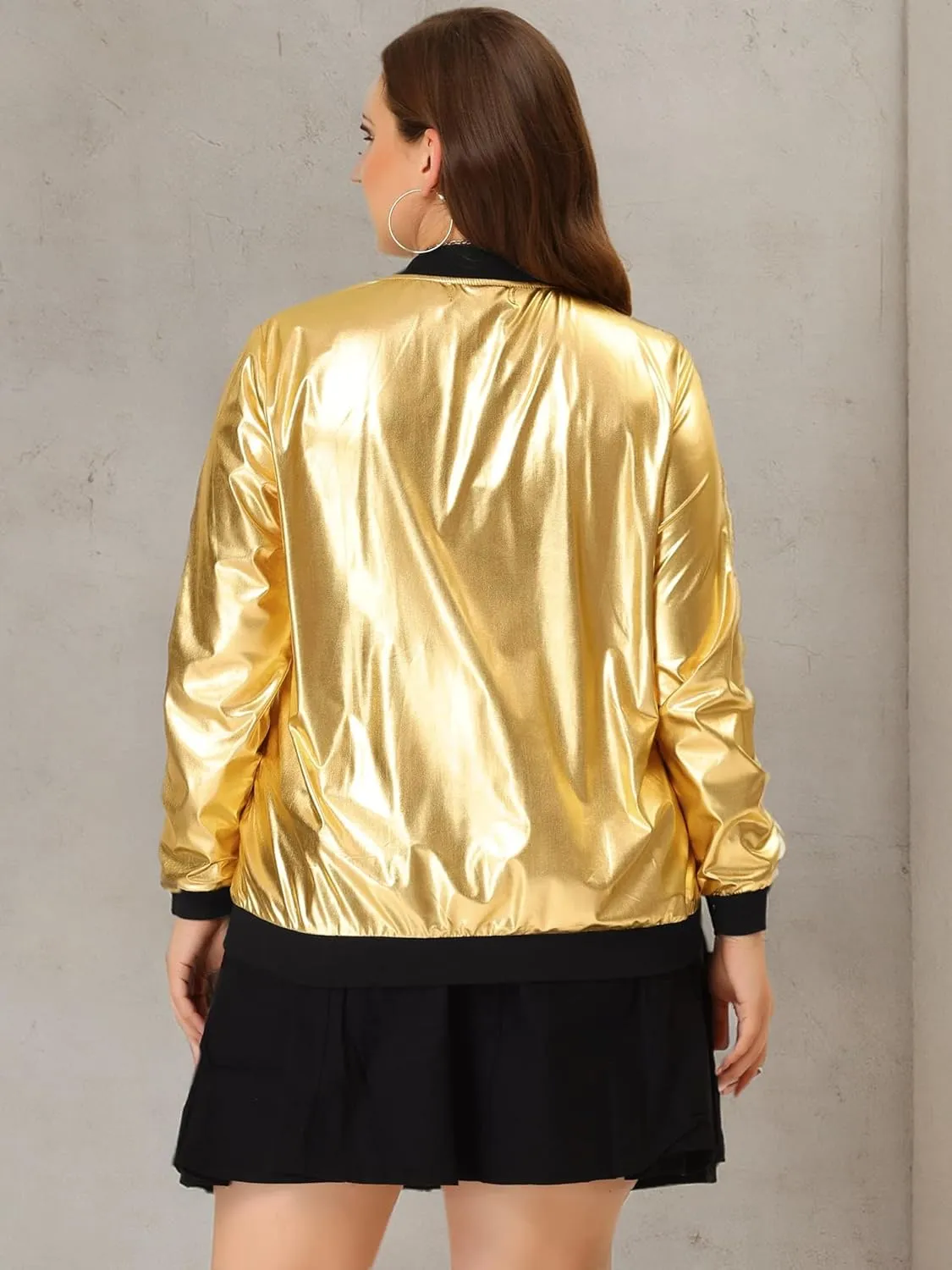 Agnes Orinda Women's Plus Size Metallic Jackets Sparkle Holographic Shiny Zip-Up with Pockets Bomber Jacket 2024