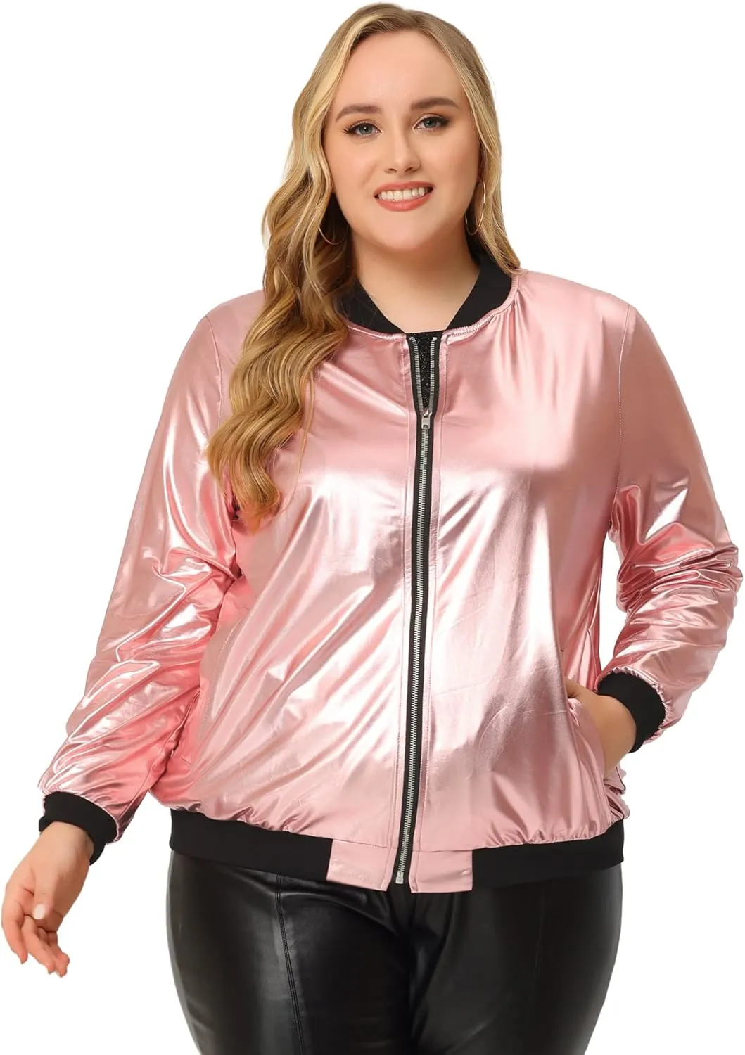 Agnes Orinda Women's Plus Size Metallic Jackets Sparkle Holographic Shiny Zip-Up with Pockets Bomber Jacket 2024