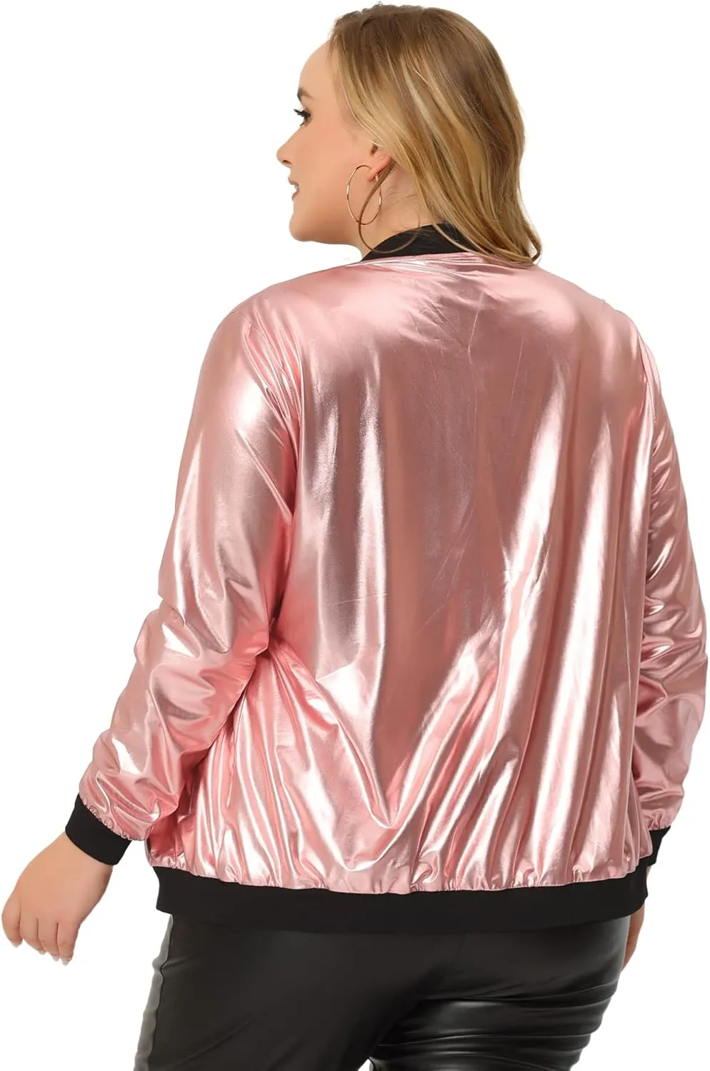 Agnes Orinda Women's Plus Size Metallic Jackets Sparkle Holographic Shiny Zip-Up with Pockets Bomber Jacket 2024