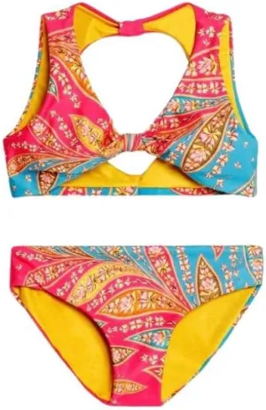 AGUA BENDITA Girls Bikini Set, Front Knot, Uncovered Back, Full Coverage Bottom, 81% Recycled Polyester, 19% Elastane
