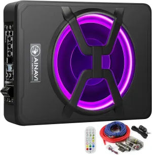 AINAVI 10 Inch Under Seat Car Subwoofer Bass Active Stereo with Multi Colors Ambient Lighting,Built-in Amplifier 800 Watts Max, Remote Control and Enclosure