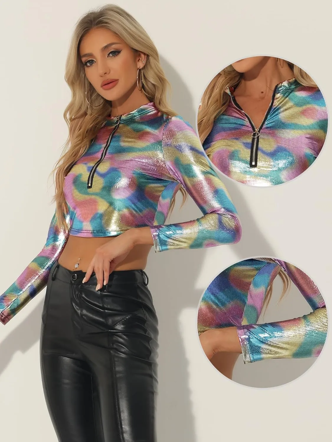 Allegra K Metallic Crop Top for Women's Mock Neck Long Sleeve Zip Up Party Shiny Tops