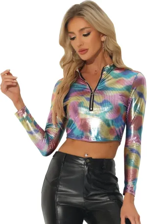Allegra K Metallic Crop Top for Women's Mock Neck Long Sleeve Zip Up Party Shiny Tops