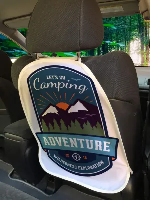 Ambesonne Adventure Car Seat Protector Set of 2, Signboard of Camping Wilderness Exploration Mountains Illustration, Universal Kick Mat for Dirt Mud & Scratches, 18" x 24", White and Multicolor