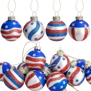 Americana 12pcs Memorial Day Glass Ornaments, 1.57 Inch Independence Day Hanging Glass Balls for July 4th, American Flag Tree Decorations