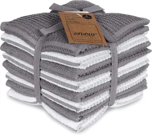 AMOUR INFINI Terry Dish Cloths Set of 8 Highly Absorbent Super Soft Kitchen Dishcloths Reusable Quick Dry Dish Rags for Cleaning & Drying Dishes (12x12 Inch - L.Grey)