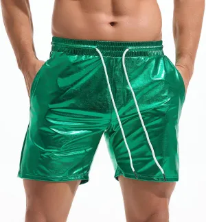 AMY COULEE Mens Metallic Shorts 5" Shiny Holographic Disco Shorts Outfit Sparkly Rave Hot Drawstring Shorts