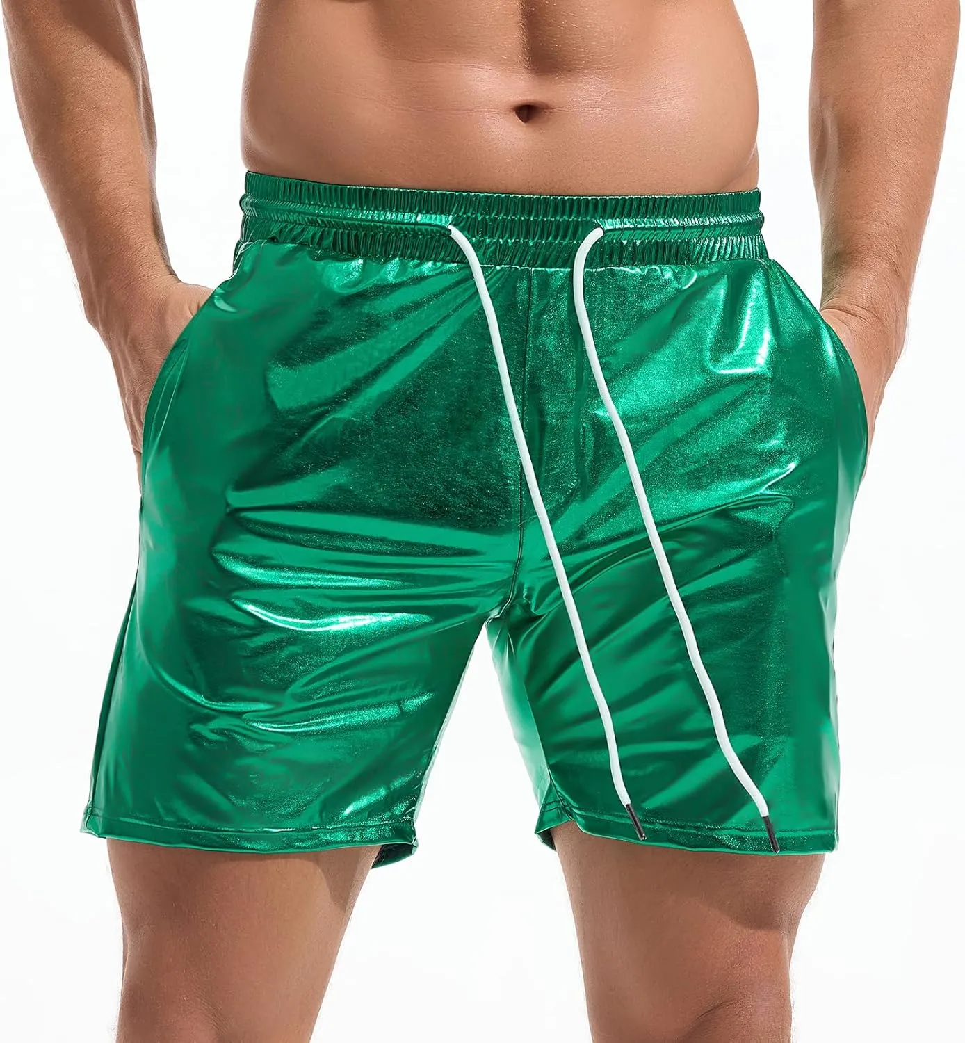 AMY COULEE Mens Metallic Shorts 5" Shiny Holographic Disco Shorts Outfit Sparkly Rave Hot Drawstring Shorts