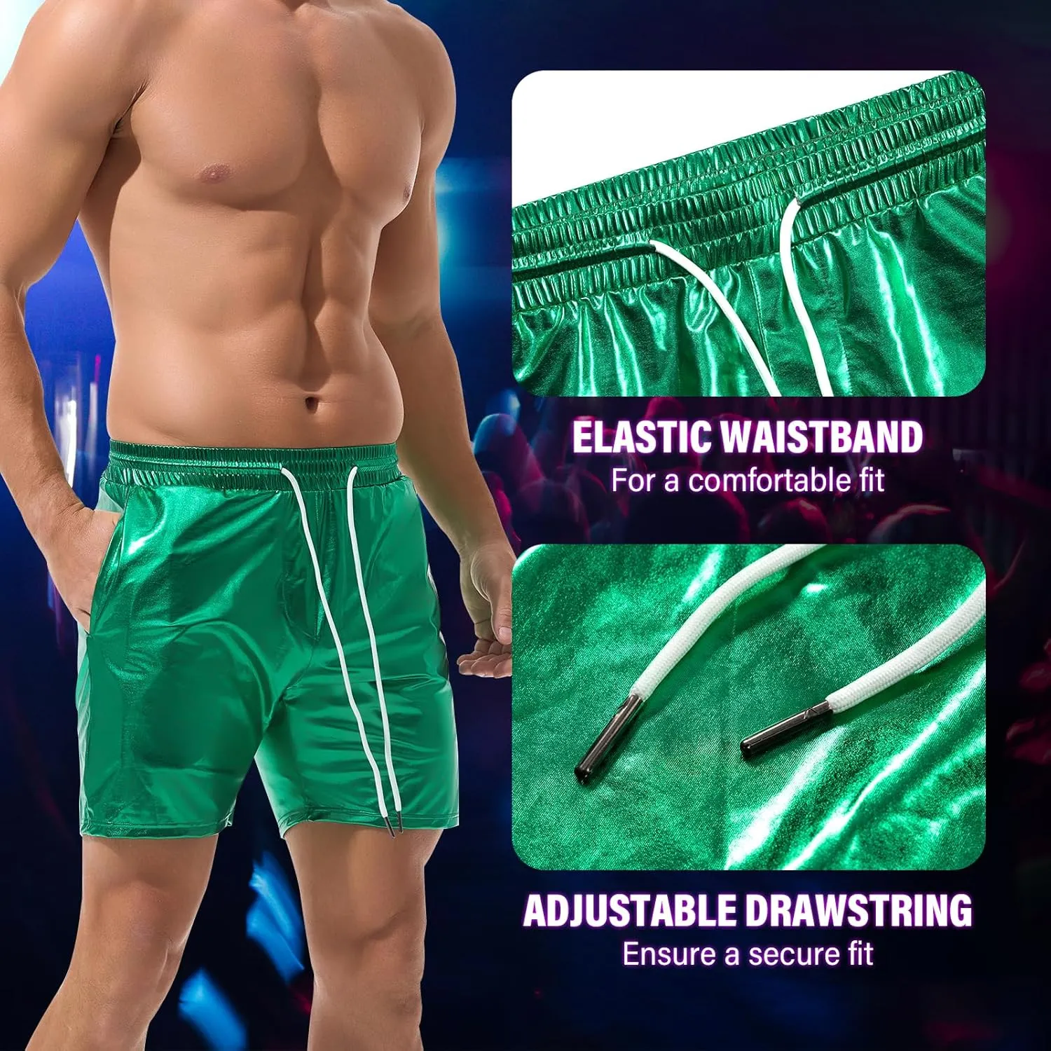 AMY COULEE Mens Metallic Shorts 5" Shiny Holographic Disco Shorts Outfit Sparkly Rave Hot Drawstring Shorts
