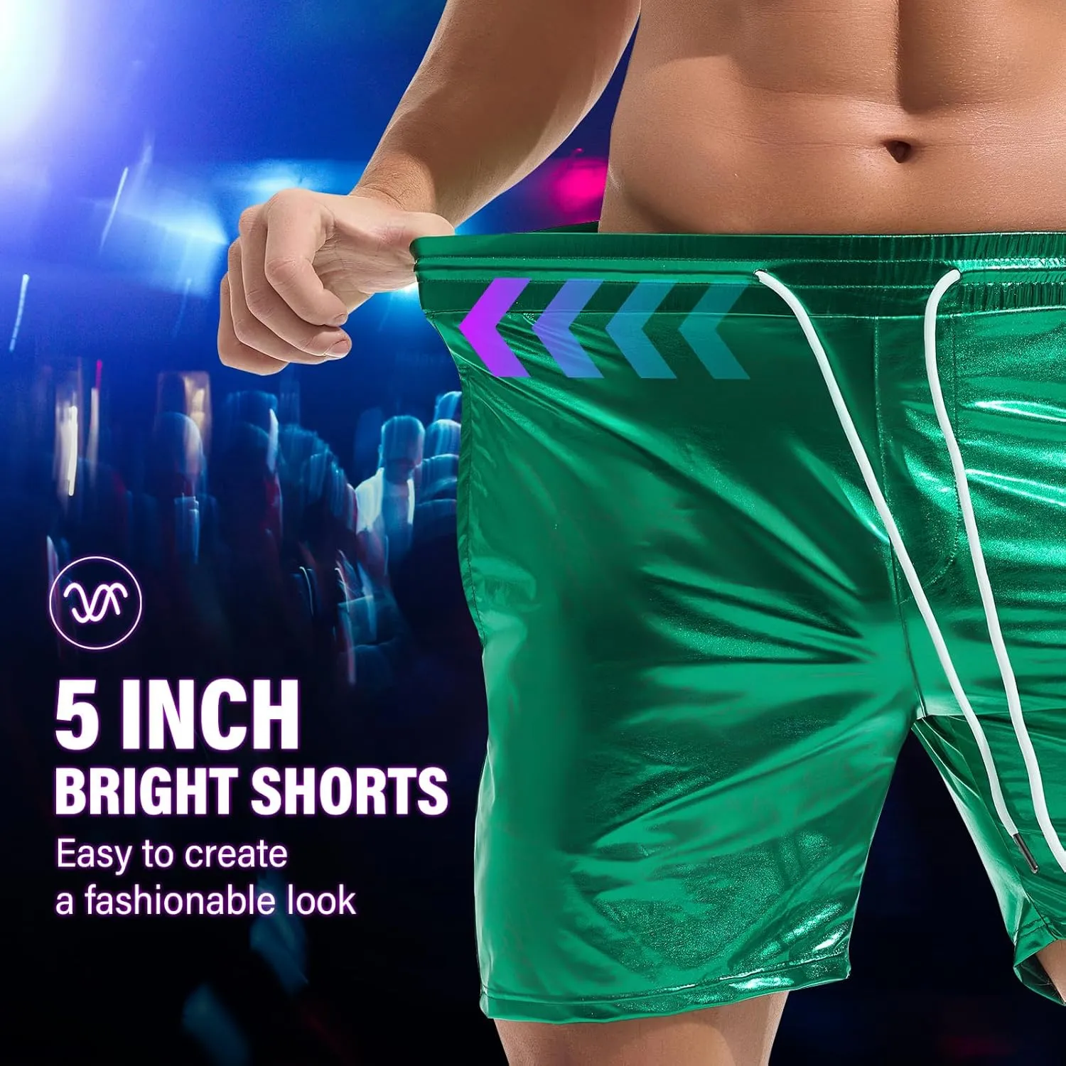 AMY COULEE Mens Metallic Shorts 5" Shiny Holographic Disco Shorts Outfit Sparkly Rave Hot Drawstring Shorts
