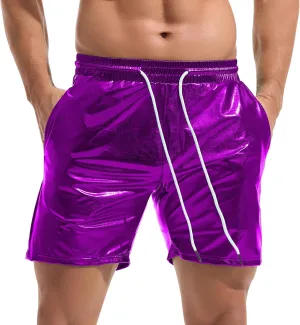 AMY COULEE Mens Metallic Shorts 5" Shiny Holographic Disco Shorts Outfit Sparkly Rave Hot Drawstring Shorts