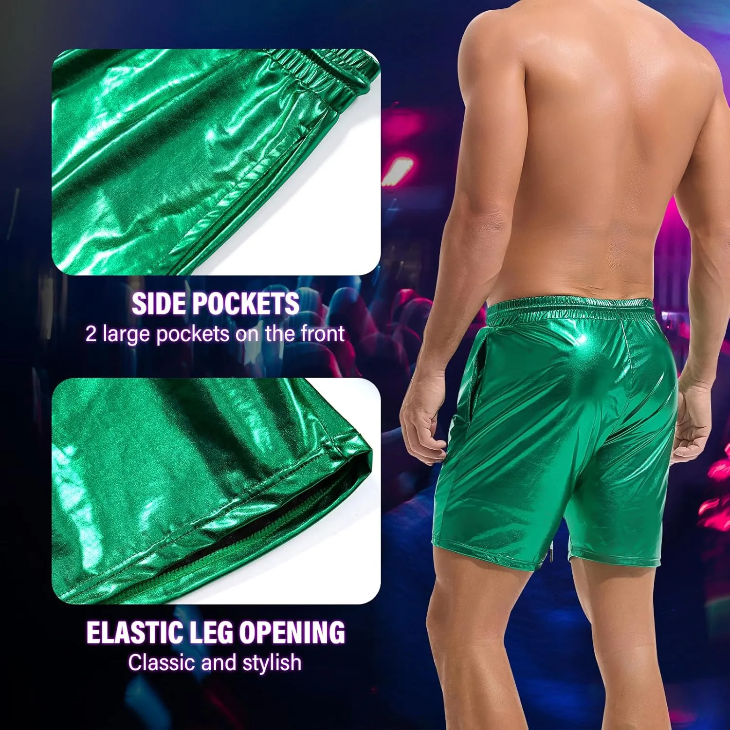 AMY COULEE Mens Metallic Shorts 5" Shiny Holographic Disco Shorts Outfit Sparkly Rave Hot Drawstring Shorts