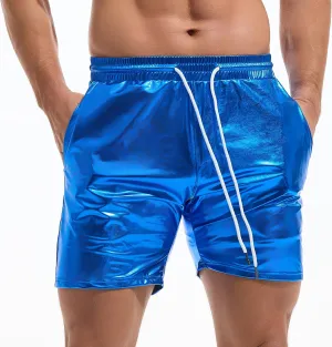 AMY COULEE Mens Metallic Shorts 5" Shiny Holographic Disco Shorts Outfit Sparkly Rave Hot Drawstring Shorts