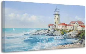 Anolyfi Blue Ocean Coastal Lighthouse Canvas Wall Art Large Beach Seascape Picture, Nature Landscape Textured Painting Artwork Framed for Living Room Bedroom Bathroom Kitchen Office Home Decor 40"x20"