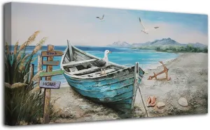 Anolyfi Coastal Wall Art Blue Ocean Beach Boat Canvas Picture, Nature Seagull Nautical Seascape Textured Painting Artwork Large Framed for Bathroom Living Room Bedroom Office Home Decor 40"x20"