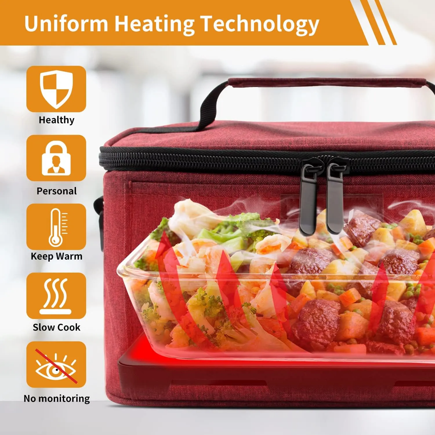 Aotto Portable Oven, Electric Lunch Box Food Heater - 12V/24V/110V 3-in-1 Car Food Warmer - Heated Lunch Box for Adults - Cook, Reheat & Keep Meals Warm for Car, Truck, Travel, Work, Home - Red