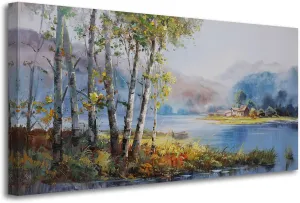 Arjun Landscape Wall Art Coutrysize River Painting Canvas, Tree Scenery Mountain Indigo Grey Textured Picture Frame Large Size Artwork for Living Room Bedroom Bathroom Office Home Wall Decor, 40"x20"