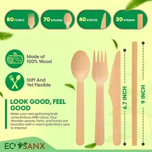 Bamboo Cutlery Set - Wooden Utensils for Eating - Disposable Wooden Cutlery set of 220 (80 Forks 70 Spoons 40 Knives 30 Straws) Bamboo Disposable Utensils - ECO Friendly Compostable Utensil for Party