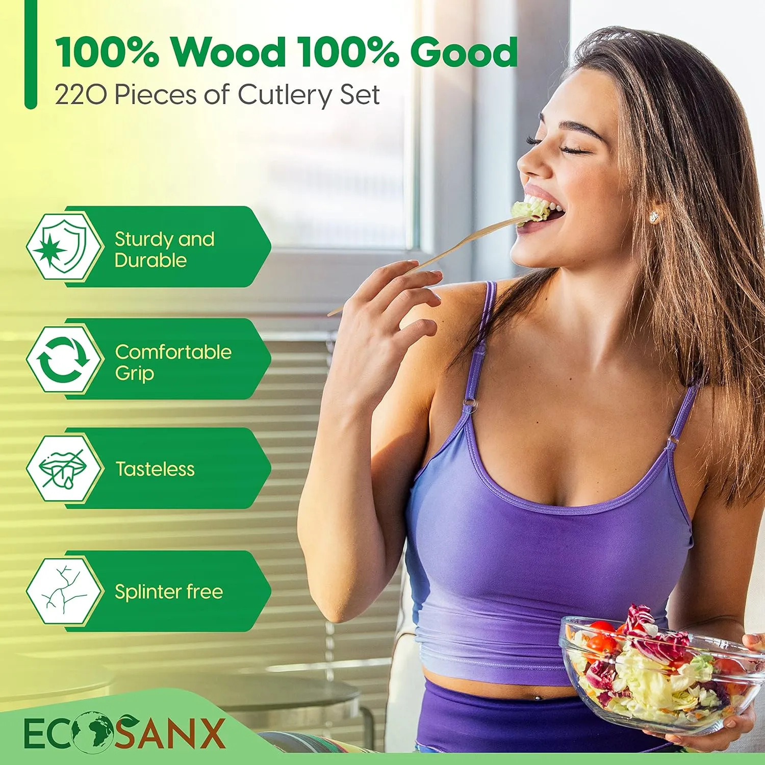 Bamboo Cutlery Set - Wooden Utensils for Eating - Disposable Wooden Cutlery set of 220 (80 Forks 70 Spoons 40 Knives 30 Straws) Bamboo Disposable Utensils - ECO Friendly Compostable Utensil for Party