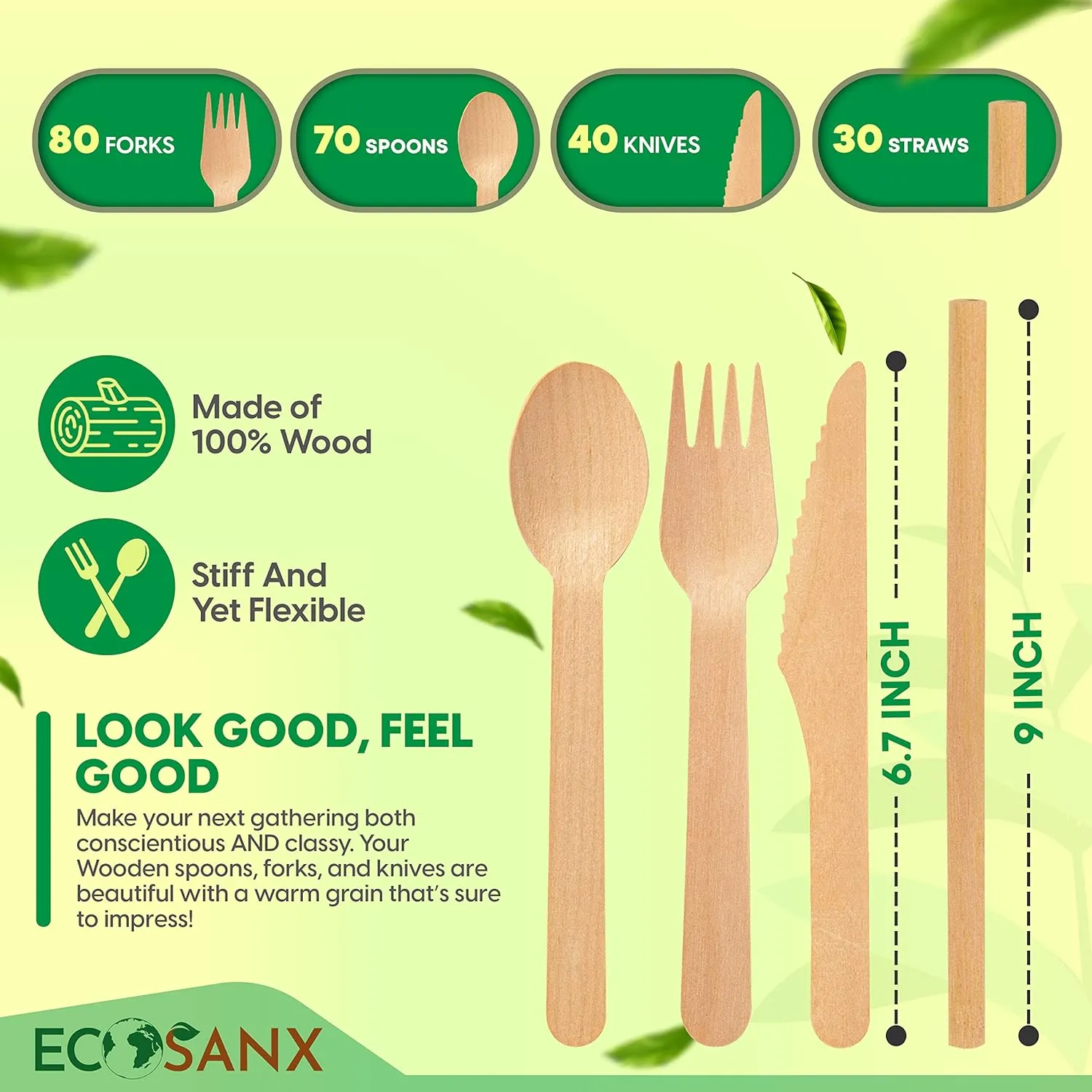 Bamboo Cutlery Set - Wooden Utensils for Eating - Disposable Wooden Cutlery set of 220 (80 Forks 70 Spoons 40 Knives 30 Straws) Bamboo Disposable Utensils - ECO Friendly Compostable Utensil for Party